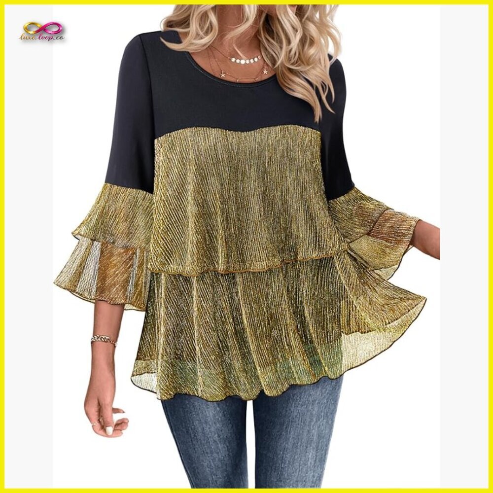 Sparkly Peplum Top 3/4 Sleeve Ruffles Elegant Evening Blouse Flowy Chic